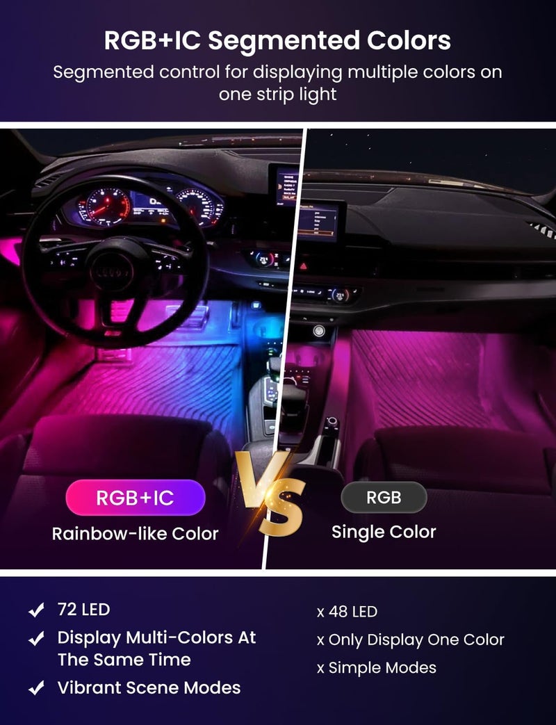 SUNLINKCO RGB+IC Car LED Lights, Smart 72 LED Car Interior Lights with App Control, 16 Million Colors Under Dash Light with Music Mode, Scene Mode, 2 Lines Design Light for Cars SUVs Trucks with Car Charger - Image 3
